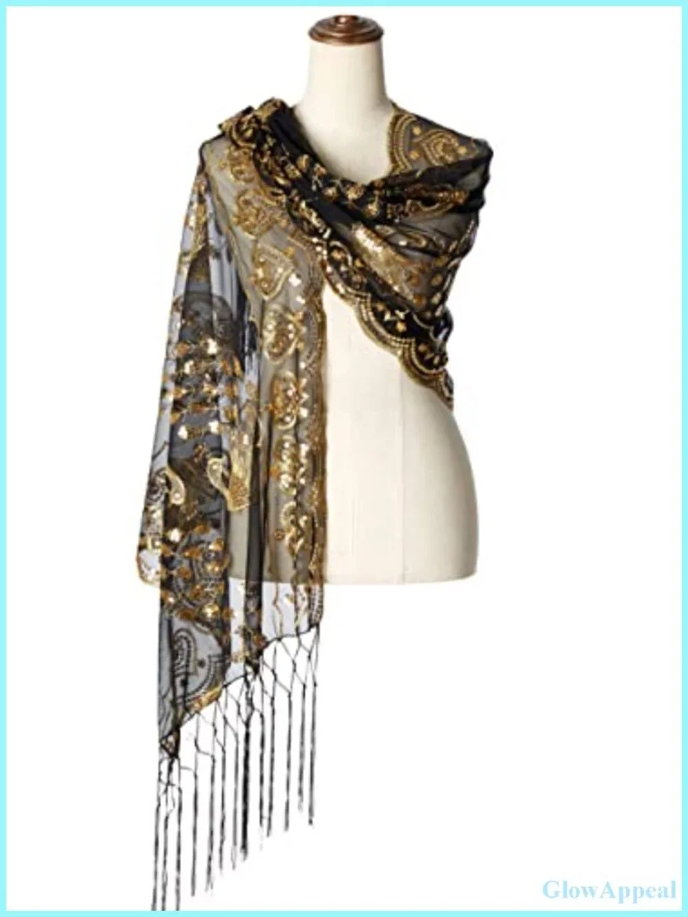Sequin Fringed Evening Shawl Wrap 1920s Flapper Cape Cover Up